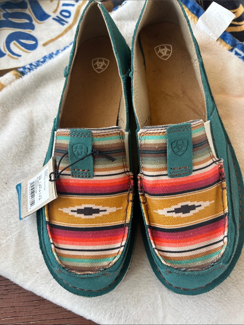 Ariat Teal Canvas Kids Slip-On Moccasins with Southwestern Stripe